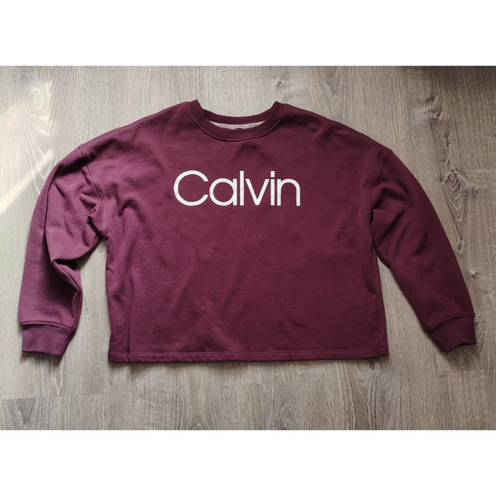 Calvin Klein Women Oversized Pullover Sweater Crop Medium Crew Burgundy